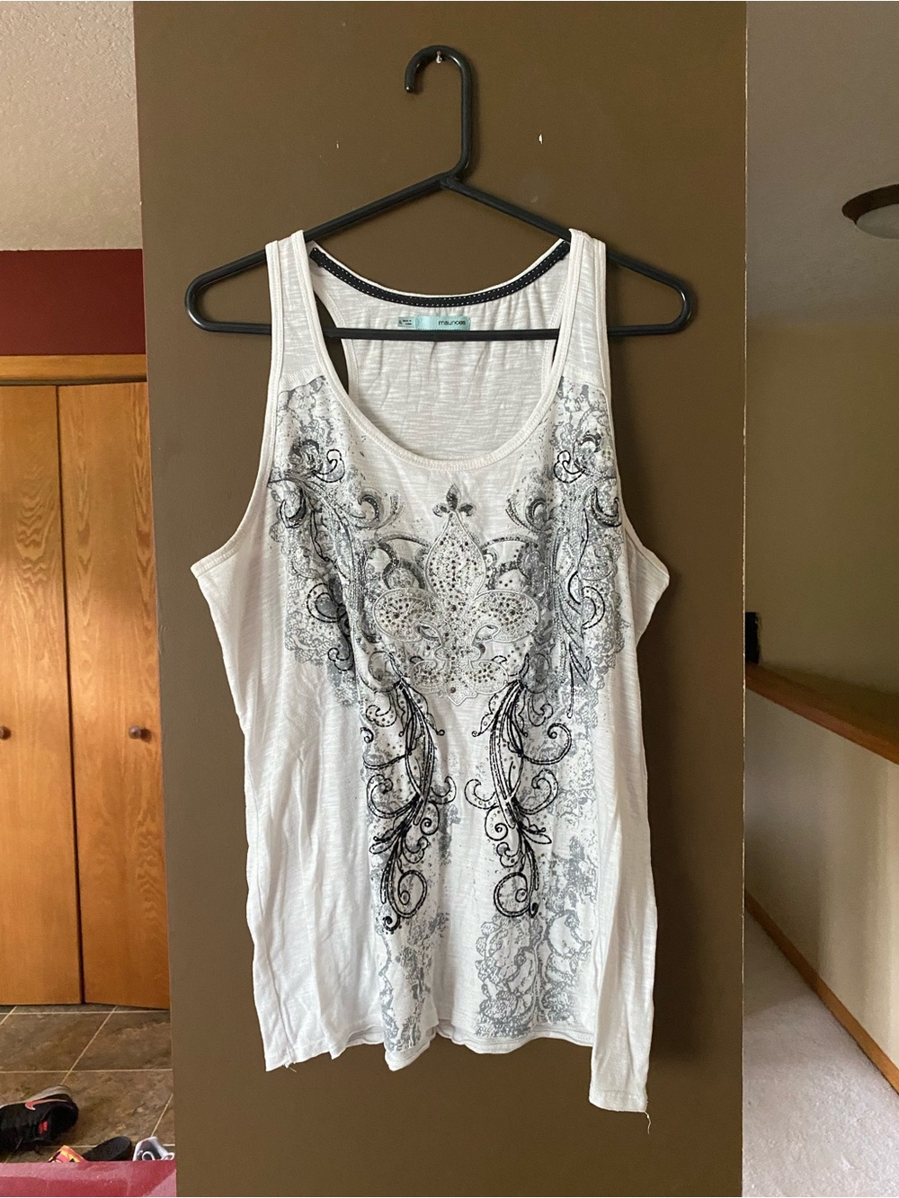 Maurices White Scoop Neck Tank with Black Ornate Print